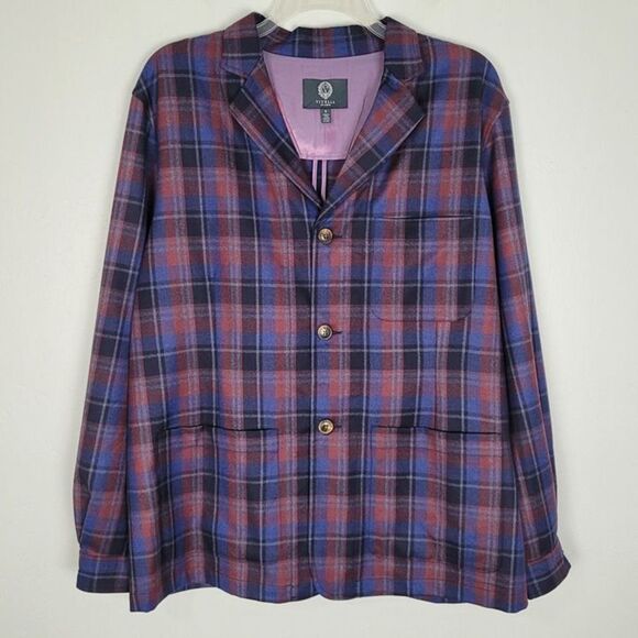 Viyella Size XL NWOT Wool Blazer Lightweight Shacket Shirt Jacket Plaid Blue Red